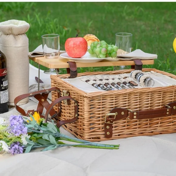 Multifunctional Wicker Picnic Basket Set for 2 with Blanket & Picnic Table - Picture 7 of 11